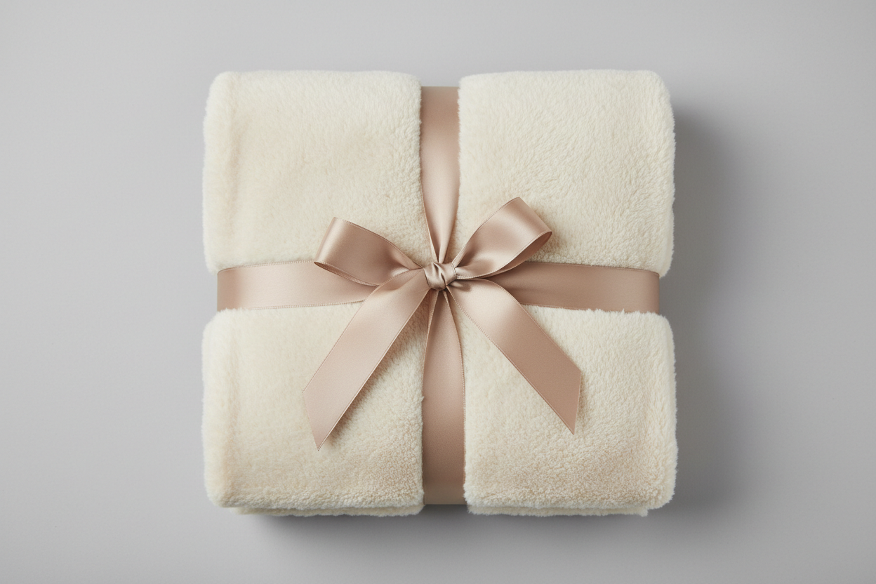a fluffy throw blanket folded up into a square and tied with a bow and ribbon