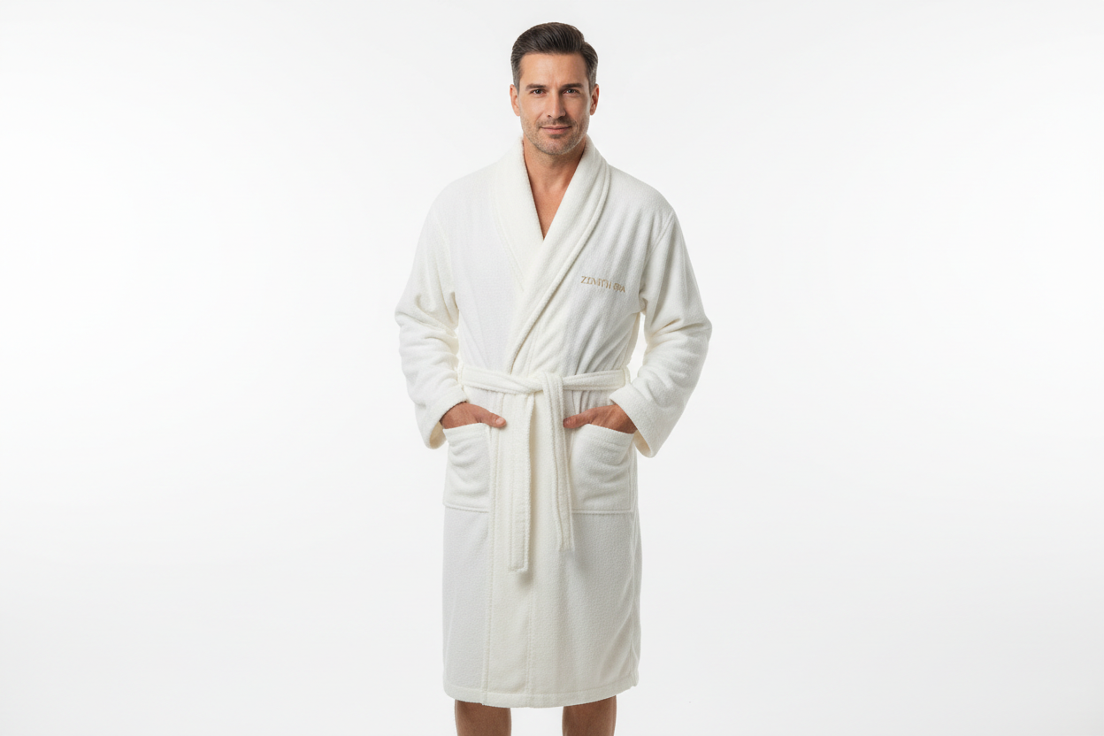 an adult man wearing a fluffy luxurous bathrobe